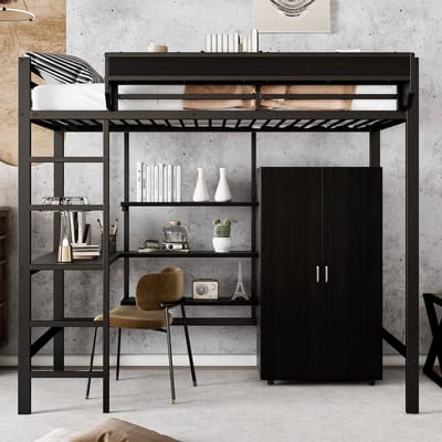 Stapelbed - 90x200 cm - Met Bureau En Kledingkast Opbergruimte - 5 Treden Ladder - Metaal - Zwart