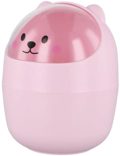 Mini Prullenbak voor Bureau, Draagbare Kleine Plastic Afvalbak met Deksel, Verwijderbare Pennenhouder, Schattig Ontwerp in Roze