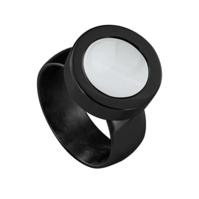 Quiges RVS Schroefsysteem Ring Zwart Glans 16mm met Verwisselbare Cat's Eye Beige 12mm Mini Munt