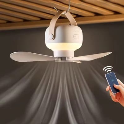 Accu Plafondventilator - Ventilator Lamp Accu - Draagbare Ventilator Lamp - USB-C - Camping verkoeling - Tent Verlichting - Tent Verkoeling - Ventilator Ophangen - Lamp Warm Wit - Accu Ventilator met Afstandsbediening