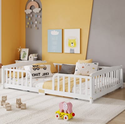 FloraGrace Vloerbed 140x200 cm - Kinderbed Met Uitvalbeveiliging En Centrale Instap - Zonder Matras - Grenen Hout - Wit