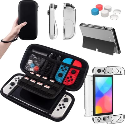 Draagtasje voor Nintendo Switch OLED-model 2021, transparant hoesje, beschermfolie en Joycon-handgreep bescherming
