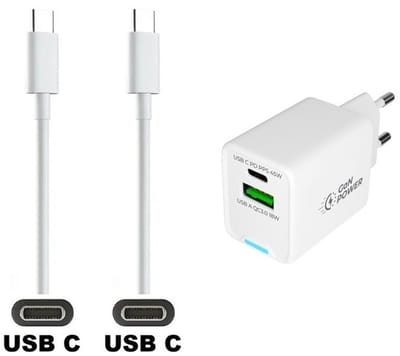 OneOne 45W super snellader met 2 poorten. Oplader met sterke 1,5m USB C naar C kabel. PD lader adapter past op Apple iPhone 16 Pro Max, iPhone 16e, iPad 9, iPad 10, iPad Air 4, iPad Air 5, iPad Mini 6, iPad Pro 11, iPad Pro 12.9