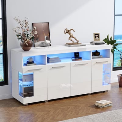 Sweiko Dressoir - LED-verlichting - Versterkte glazen deuren - 3 schappen - Wit