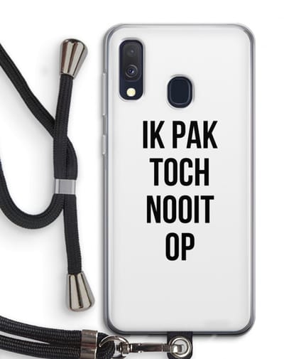 Case Company® - Hoesje met koord geschikt voor Samsung Galaxy A40 hoesje met Koord - Ik pak nooit op - Telefoonhoesje met Zwart Koord - Bescherming aan alle Kanten en Over de Schermrand
