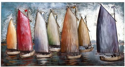 Afbeelding Zeilregatta - Wanddecoratie Metaal - Woonkamer Aankleden - Handgemaakt Kunstobject - 60 x 120 cm - Blauw Meerkleurig