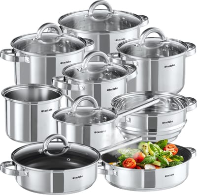 tectake® 15-delige Kookpannenset - Kookpottenset - Kookpan - Steelpan met Anti-aanbaklaag - Koekenpan - RVS Pannen - Pannenset - Voor Inductie en Gasfornuis - Kookpotten met Glazen Deksel, Stoomafvoer en Spiraalbodem - Vaatwasserbestendig