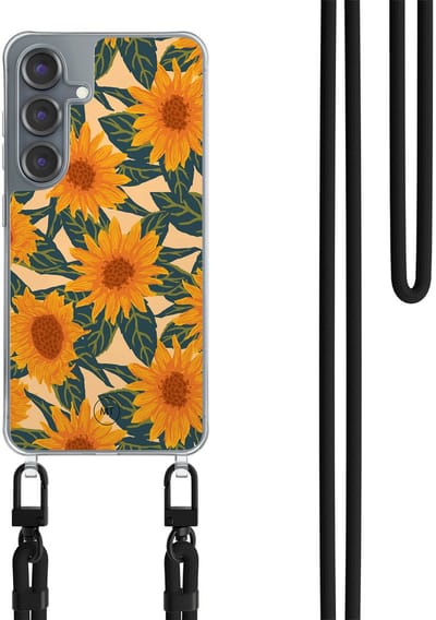 Hoesje met koord geschikt voor Samsung Galaxy S25 - Zonnebloemen - Inclusief Zwart koord - Crossbody beschermhoes - Transparant, Oranje - Mooie Telefoonhoesjes
