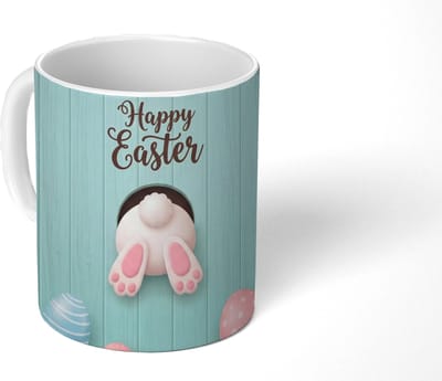 Mok - Koffiemok - Paashaas - Paaseieren - Blauw - Happy Easter - Mokken - 350 ML - Beker - Koffiemokken - Theemok