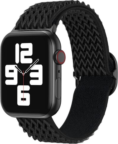 Nylon bandje - geschikt voor Apple Watch 1/2/3/4/5/6/7/8/9/10/11/ SE (1,2,3) met maat 38 mm / 40 mm / 41 mm en 42 mm (Watch 10/11) - zwart