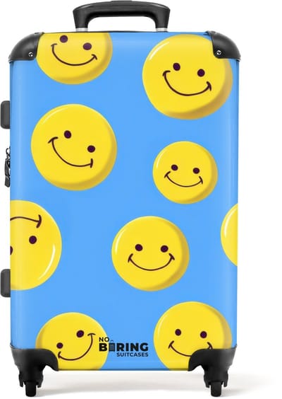 NoBoringSuitcases.com - Grote koffer - Smiley's op een blauwe achtergrond - Kinderkoffer geschikt voor jongen en meisjes - Reiskoffer met 4 wielen - Trolley op wieltjes - Rolkoffer groot kinderen - 72 liter - Ruimbagage valies 20kg