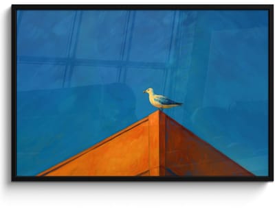 Poster in lijst - Fotolijst 120x80 cm - Posters - Meeuw - Gebouw - Lucht - Geschilderd - Posterlijst zwart - Decoratie - Wanddecoratie woonkamer - Muurdecoratie slaapkamer