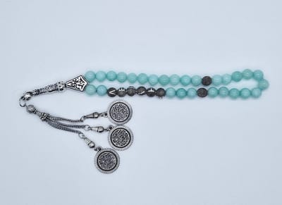Handgemaakte naam tasbih 33 Kralen Natuursteen “ AAA Amazonium” - met metaal tassel “Constantinopel"- Met je naam of de naam van uw geliefde- 8 mm diameter van de korrel