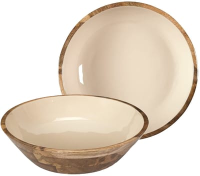 Home Deco Factory Salade serveer schaal - 2x - Fruitschaal/fruitmand - mango hout - D28 x H7 cm - bruin/beige - Pure luxe