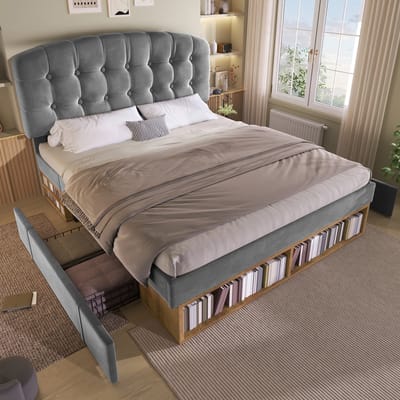 140x190cm gestoffeerd bed - met verstelbare hoogte gebogen hoofdeinde - met lade en opbergruimte - zonder matras - grijs