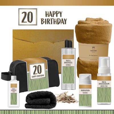 Geschenkset “20 Happy Birthday” - 7 producten - 1390 gram | Giftset voor hem - Cadeau Verjaardag Twintig Man Luxe Wellness Douche Cadeaubox Gefeliciteerd Pakket Geschenk Jarige Cadeaupakket Gift Set Party Twenty Years Zwart Groen Goud