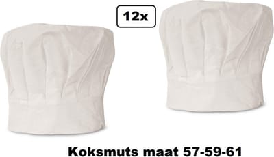 12x Koksmuts maat 57-59-61 assortie - Geleverd in 3 verschilende maten - kok muts restaurant food festival thema feest fun diner koken