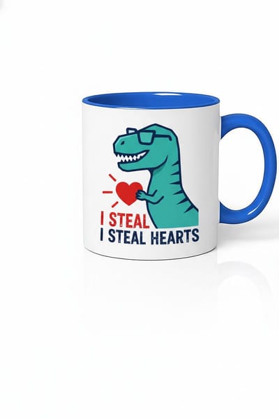 Grappige T-Rex Mok met Bril en Hart - 'I Steal I Steal Hearts' - Blauw