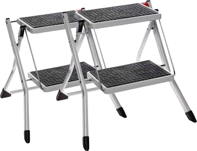 2x 5Five Huishoudtrapje 2 Treden - Inklapbaar Keukentrapje Metaal - Antislip Opstapje 50cm - Veilig & Compact - Stevig en veilig metalen trapje - Inklapbaar voor eenvoudig opbergen
