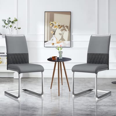 Eetkamerstoelen, set van 2, PU-leer en linnen rugleuning, hoge gestoffeerde stoel, horizontale strepen op de rugleuning, geschikt voor eetkamer, keuken, gastenkamer of kantoor, grijs