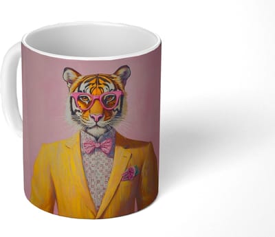 Mok - Koffiemok - Tijger - Bril - Geel - Jasje - Mokken - 350 ML - Beker - Koffiemokken - Theemok