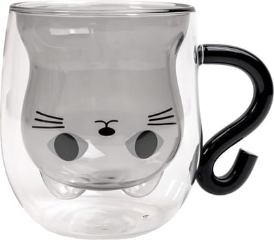 Intirilife thermo glas dubbelwandig met kat design in zwart - 200ml inhoud - geïsoleerde glazen mok hittebestendig voor koude en warme dranken koffie kop thee kop drinkglas