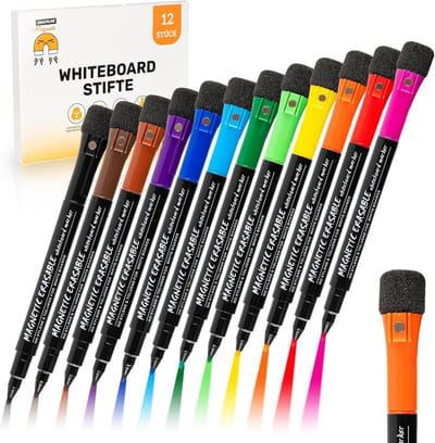 Whiteboard Markers - Bordstiften Set - Creatief Schrijven - Geïntegreerde Spons - 12 Stuks - Veelkleurig