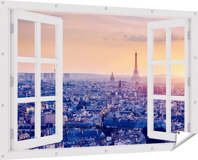 Gards Tuinposter Doorkijk Skyline van Parijs tijdens Zonsondergang - 180x120 cm - Tuindoek - Tuindecoratie - Wanddecoratie buiten - Tuinschilderij