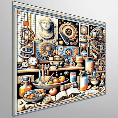 Pixel art stilleven schilderij | Digitale Pixel perfectie: kleurrijk stilleven van moderne kunstuiting | Kunst - 30x30 centimeter op Dibond | Foto op Dibond
