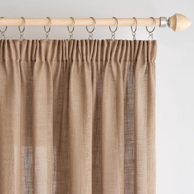 Famanu - Linnen gordijnen met plooiband, gordijnen woonkamer, linnenlook, half-transparant, gordijn voor slaapkamer, modern, gordijn met inslagringen, lusgordijnen, set van 2, 140 x 225 cm (b x h), Kleur: Bruin