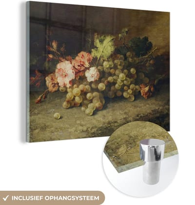 MuchoWow® Glasschilderij 120x90 cm - Schilderij acrylglas - Fruit - Stilleven met druiven - Oude meesters - Foto op glas - Schilderijen