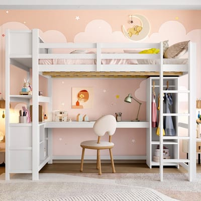 Hoogslaper 140x200 cm - met boekenplank - opbergvak - bureau - kledingkast - zonder matras - wit