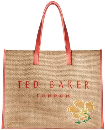 Ted Baker Shopper Floraff Floral Raffia Icon Bag Orange Beige