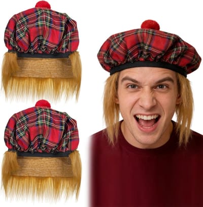 2-delige Rood Tartan Hoed met Gember Haar, Tartan Beret met Elastische Band, Schotse Hoed met Pruik voor Carnavalsfeesten en Sportevenementen in Schotland, Perfect voor St Andrews Dag en Burns Night