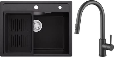 Anycee Max Spoelbak voor keuken 60x46CM - Granieten Spoelbakken Met Keukenkraan - Spoelbak Keuken Zwart - Spoelbak met Afdruiprek