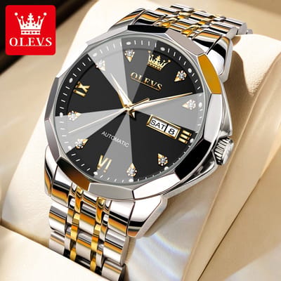 HO-9982.gz-zw : Olevs zilvergoudkl automatisch/mechanisch edelstaal elegant tourbillon Polshorloge, zwart wijzerplaat, luminiscerend, rhombol, Datum, Diamant-zirkonia's