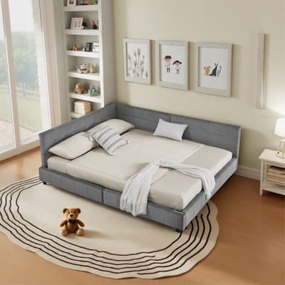 Tweepersoonsbed 140*200 cm met bekleding - zacht, huidvriendelijk fluweel - L-vormig hoekbedframe - robuuste eucalyptus- en ijzeren latten - eenvoudig te monteren - donkergrijs (zonder matras)