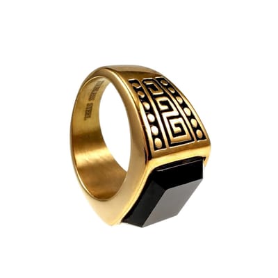 Zegelring Heren - Verguld RVS - Goudkleurige Herenring met Zwarte Onyx Steen en Grieks Patroon
