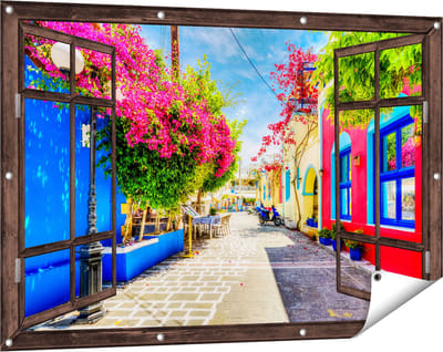 Gards Tuinposter Doorkijk Kleurrijke Straat op het Eiland Kos, Griekenland - 120x80 cm - Tuindoek - Tuindecoratie - Wanddecoratie buiten - Tuinschilderij