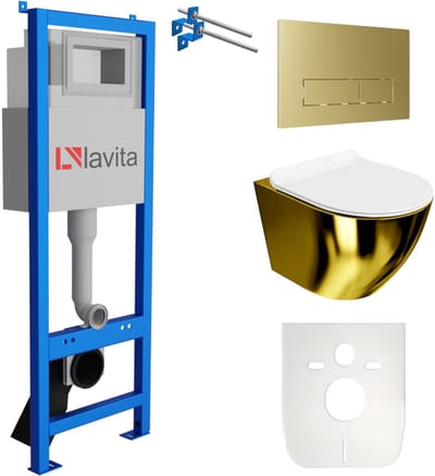 LAVITA® Inbouwreservoir Complete Toiletset LAV 101 - Inbouw WC Hangtoilet Wandcloset SOFI SLIM GOLD WHITE - Bedieningsplaat 200.3.5 Gouden - Voorwandelement voor toilet 40cm - Installatiesysteem