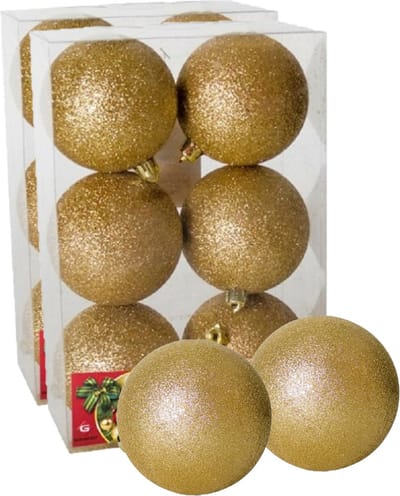 12x stuks kerstballen goud glitters kunststof diameter 8 cm - Kerstboom versiering