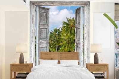 Behang - Fotobehang Palm - Zee - Doorkijk - Tropisch - Breedte 160 cm x hoogte 220 cm
