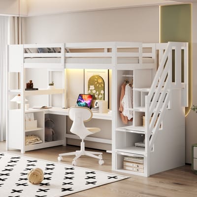 Houten Hoogslaper 90×200 cm, Enkele Kledingkast, Groot Bureau, Opbergkast; Bedopbergkast, Trap met Opbergruimte, Voorzien van Europese Stopcontacten en LED-lichtstrips, Wit