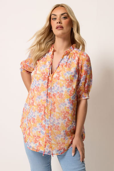 Yours Witte Blouse Met Bloemenprint En Ruches Bij De Hals Size 42