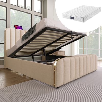 Gestoffeerd tweepersoonsbed met gewatteerd hoofdeinde, gouden sierstrepen en USB Type-C-oplaadfunctie, 140*200 cm, beige linnen bekleding, hydraulisch opbergbed, draagvermogen 181 kg (inclusief matras)