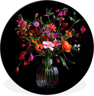 WallCircle - Wandcirkel - Muurcirkel - Boeket - Veldbloemen - Vaas - Aluminium - Dibond - 30x30 cm - Binnen en Buiten
