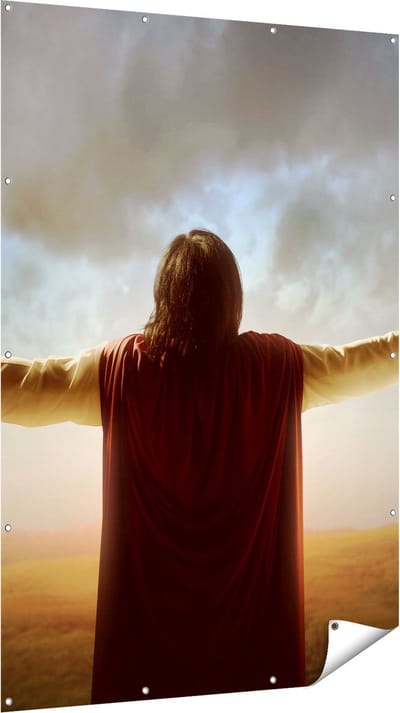 Gards Tuinposter Jezus Christus aan het Bidden bij Zonsopgang - 120x180 cm - Tuindoek - Tuindecoratie - Wanddecoratie buiten - Tuinschilderij