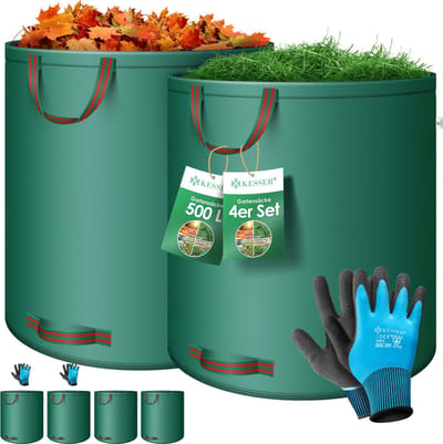 KESSER® Tuinafvalzak Tuinzak Set Bladzak incl. Handschoenen - Zelf Staand 4 Handvatten Stabiel Robuust & Opvouwbaar - Bladzakken Maaisel Tuinzakken voor Tuinafval Groenafval - 4x 500 Liter, Groen