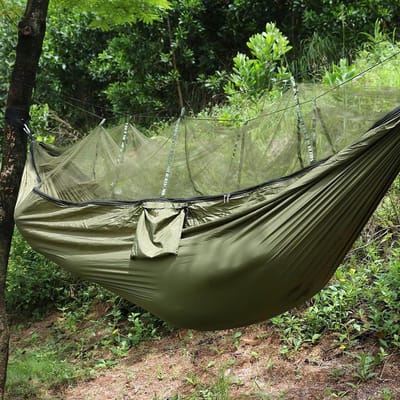 Dubbele Campinghangmat - Twee Persoons Hangmat - Ontspanning Buiten - Met Geïntegreerde Klamboe - 260 x 140 cm - Militair Groen