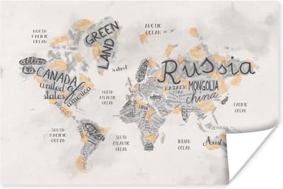 Poster 30x20 cm - Wereldkaart - Letters - Bruin - Posters - Kamer decoratie - Wanddecoratie woonkamer - Muurdecoratie slaapkamer